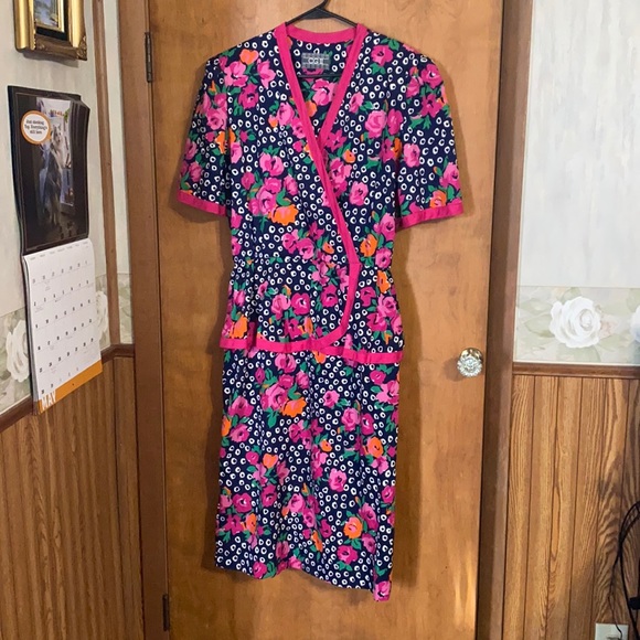 Vintage Dresses & Skirts - Vintage Navy And Pink Flower Print Dress Sz 12